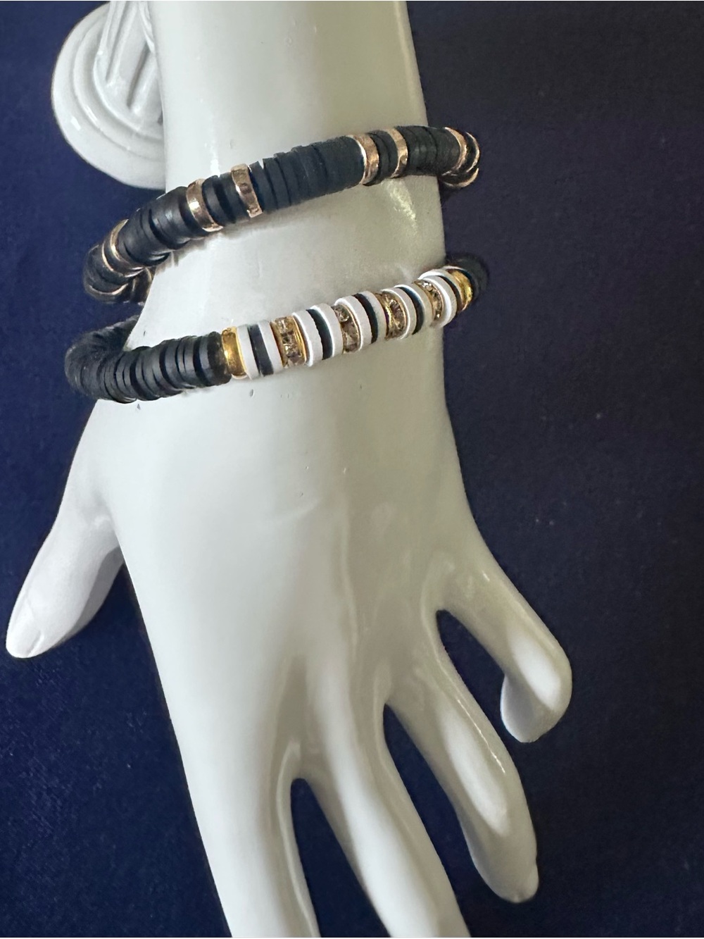 Black and White Clay Handmade Beaded Stretch Bracelets with Gold Accents - Picture 3 of 3